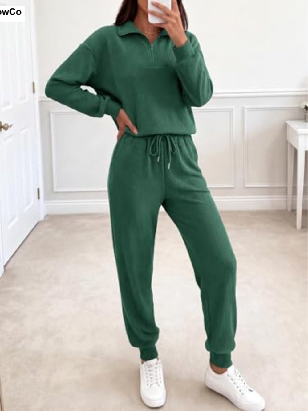 Women's 2 Piece Ribbed Knit Lounge Set with Half Zip and Pockets - Picture 2 of 6